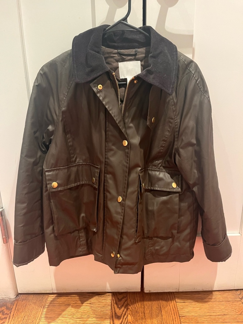 H&M Dark Olive Utility Jacket with Contrast Corduroy Collar